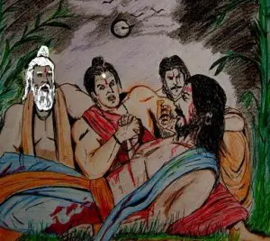 Ashwaththama consoling Duryodhana on his deathbed