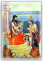 Dashrath performing yagna and receiving prasad from Agni god