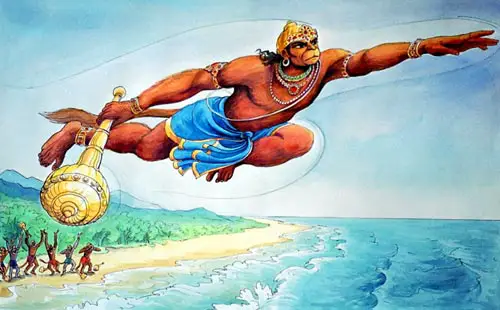 Hanuman departing for Lanka in search of Sita when Ravana abducted her from Dandaka forests.