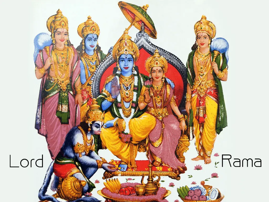 Lord Rama with his brothers, Sita and Hanumana