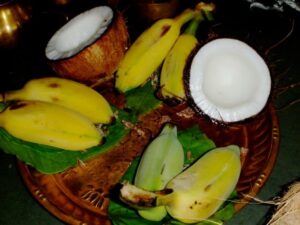 Offering of coconut and banana in temples