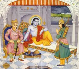 Lord Shri Krishna, Arjuna and Duryodhana before Mahabharata