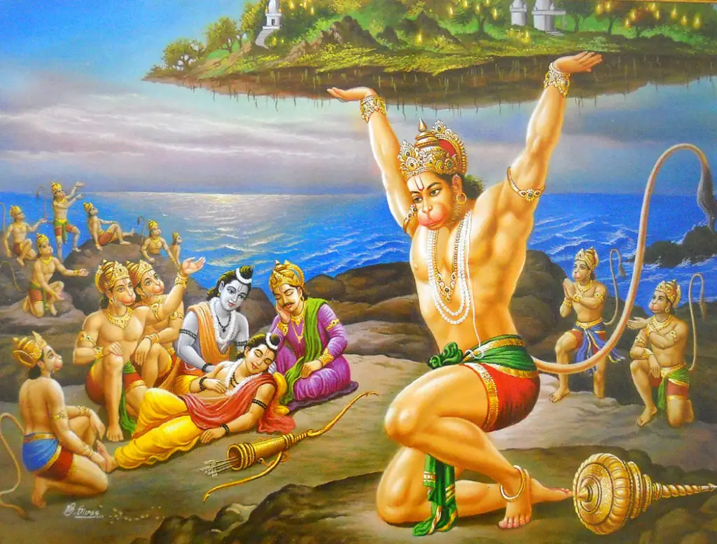 Lord Hanumana lifts mountain to bring Sanjeevani booti.